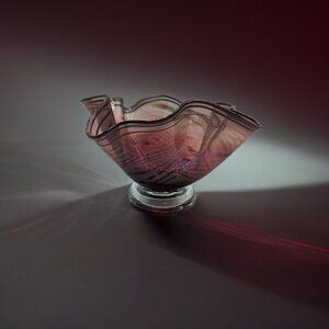 Daniel Reid Hand-Blown Glass Handkerchief Bowl 7" x 4" Tall Red and Gold Signed